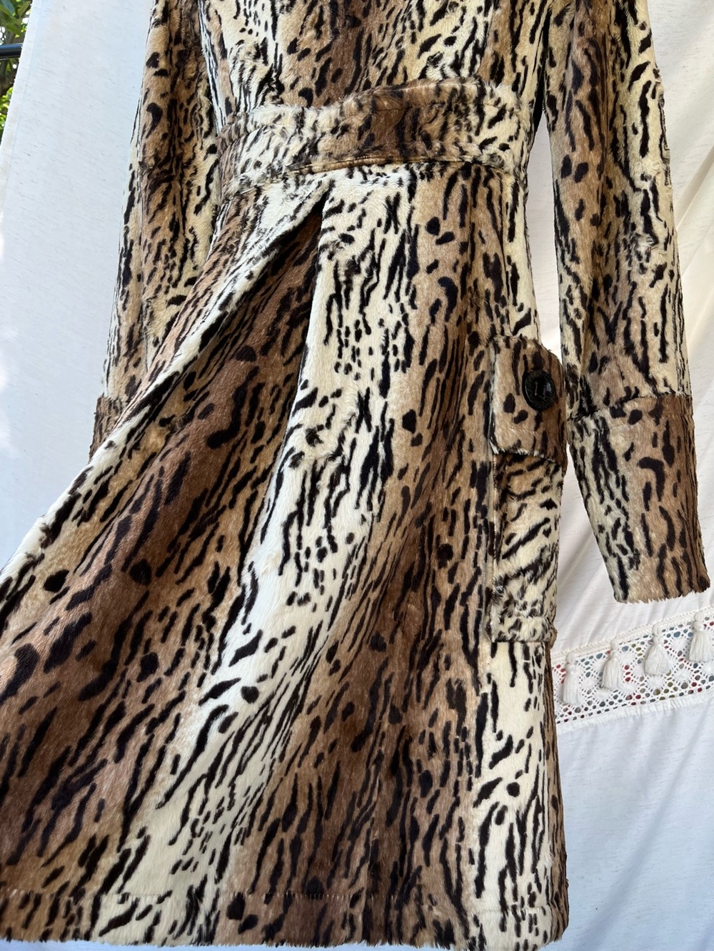 Sara Berman Faux Fur Pea Coat Portrait Neckline Collar Tiger Stripe Vintage - Picture 10 of 16